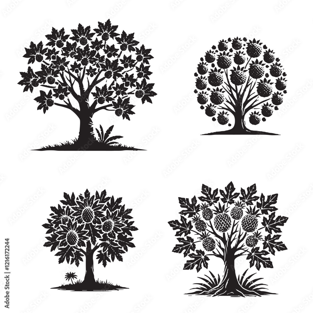 Obraz premium High-Quality Monochrome Vector Silhouettes of the Breadfruit Tree Isolated on a White Background