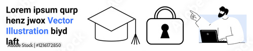 Graduate cap, security lock, and tutor with laptop indicating e-learning and cybersecurity. Ideal for education, online learning, security, digital classrooms, educational tools, remote teaching