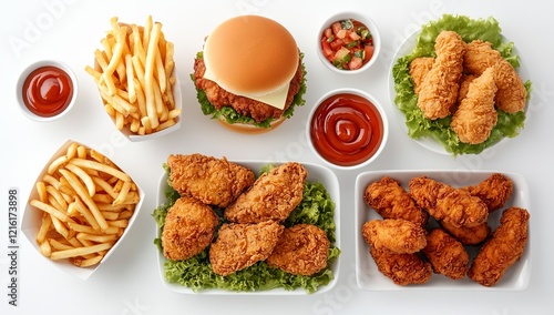 Fried chicken, burger, fries, and dipping sauces. photo