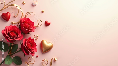 A romantic Valentine's Day background, featuring a bouquet of delicate, velvety red roses, intertwined with golden hearts and elegant, swirling curls, copy space for text or other design elements.