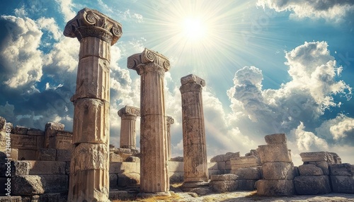 Ancient temple ruins featuring tall stone pillars with sun rays and clouds in the background
