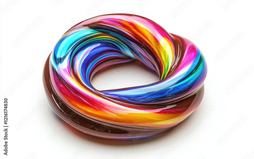 Elegant chocolate swirl with rainbow hues, smooth and glossy, frozen against a high-key white background Elegant chocolate swirl with rainbow hues, smooth and glossy, frozen against a high-key white background