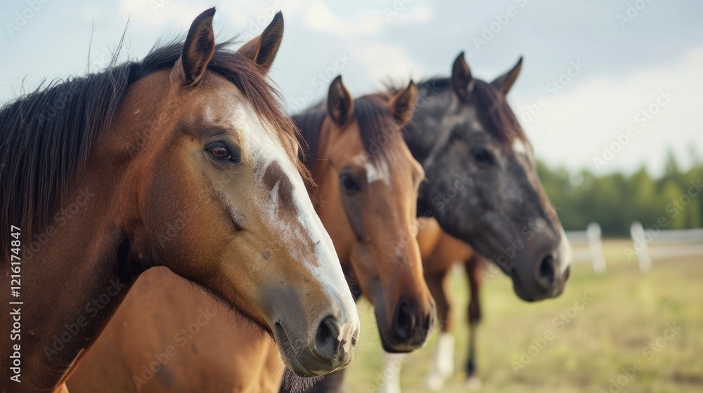 Fototapeta premium Horses pasture field summer serenity rural calm