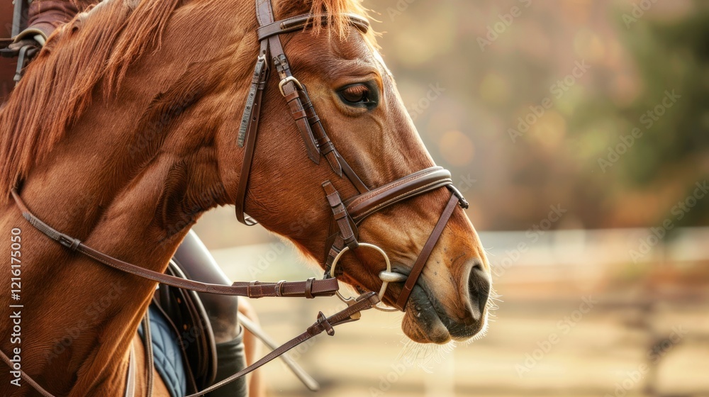 Fototapeta premium Chestnut horse, bridle, autumn, rider, field, close-up, equestrian, serene, sunlight, stock
