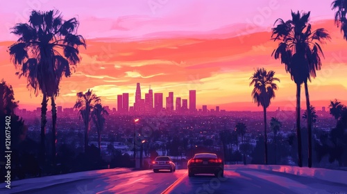 Los Angeles cityscape at dusk, with silhouettes of palm trees and moving cars on road