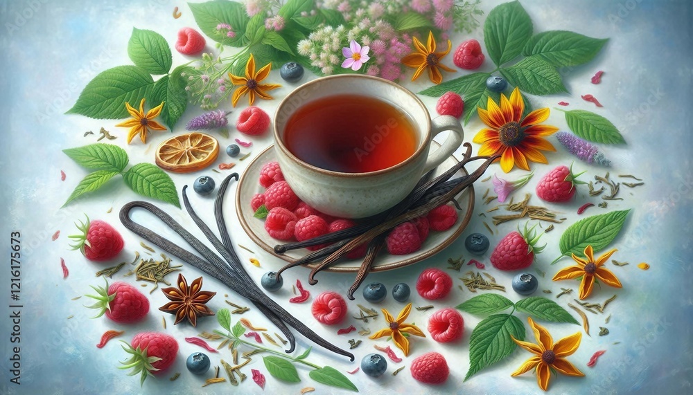 Fresh herbal tea surrounded by vibrant raspberries, mint leaves, vanilla pods, and flowers. A visual representation of natural ingredients and herbal wellness.
Fresh herbal tea surrounded by vibrant raspberries, mint leaves, vanilla pods, and flowers. A visual representation of natural ingredients and herbal wellness.