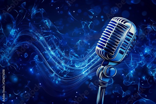 Vintage Microphone with Abstract Blue Music Notes