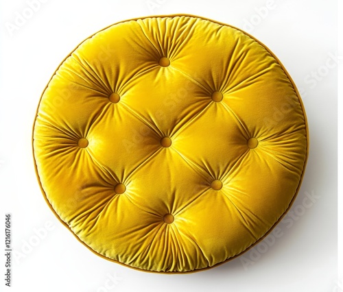 Round yellow velvet cushion with tufted buttons. photo