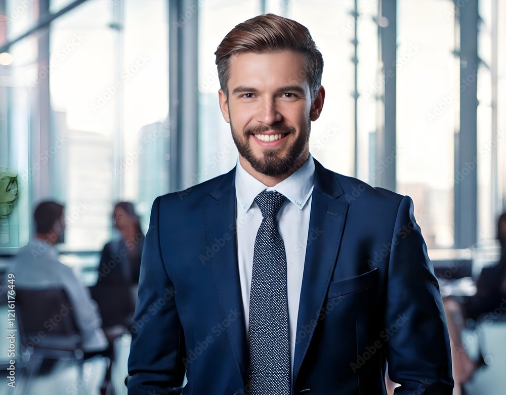 Portrait of young successful ceo businessman smiling in corporate office. Business and finance Portrait of young successful ceo businessman smiling in corporate office. Business and finance