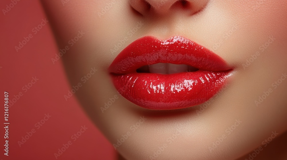 Close-Up of Glossy Red Lips on Smooth Skin Against a Soft Background Close-Up of Glossy Red Lips on Smooth Skin Against a Soft Background