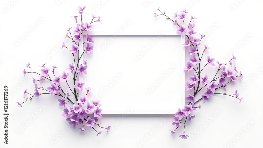 A sleek, graphic design frame as its centerpiece, lavishly adorned with vibrant, delicate purple flowers. A sleek, graphic design frame as its centerpiece, lavishly adorned with vibrant, delicate purple flowers.