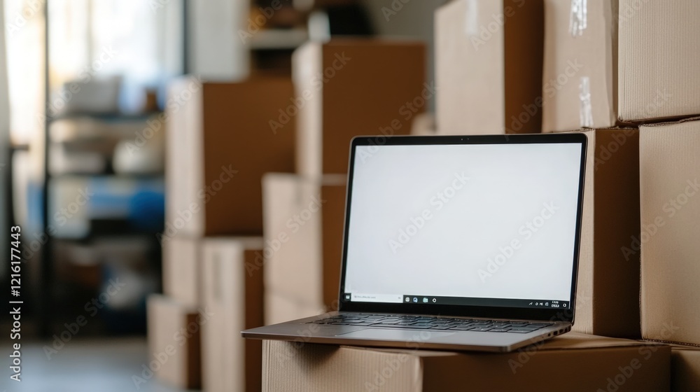 Laptop on Cardboard Boxes in Warehouse: E-commerce and Logistics Laptop on Cardboard Boxes in Warehouse: E-commerce and Logistics
