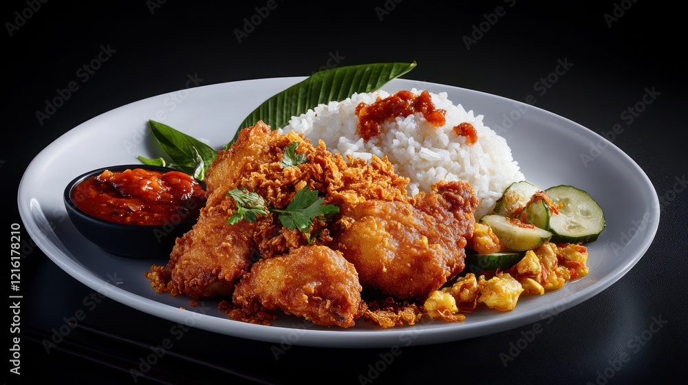 Delicious Crispy Fried Chicken with Rice, Sambal, and Cucumber Delicious Crispy Fried Chicken with Rice, Sambal, and Cucumber
