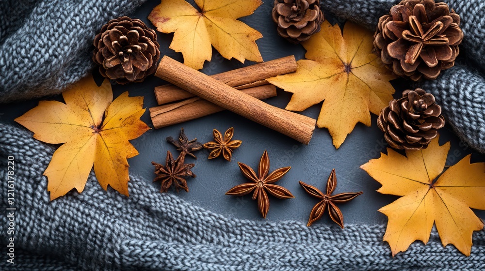 Fototapeta premium Autumn aesthetic concept A top-view photo of cinnamon sticks, anise stars, fallen maple leaves, and pine cones artfully arranged on a plaid scarf background