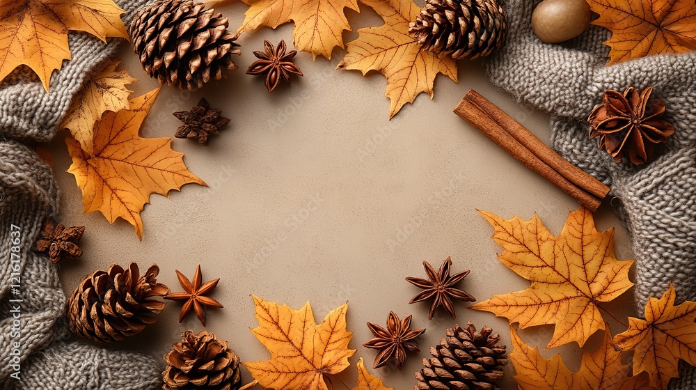 Obraz premium Autumn aesthetic concept A top-view photo of yellow maple leaves, cinnamon sticks, anise stars, pine cones, and a scarf on an isolated beige background with empty space