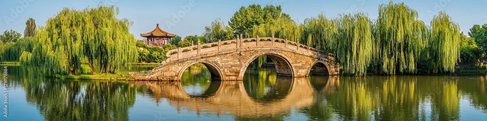 Panoramic Chinese landscape featuring an ancient bridge and willow trees in a serene setting Panoramic Chinese landscape featuring an ancient bridge and willow trees in a serene setting