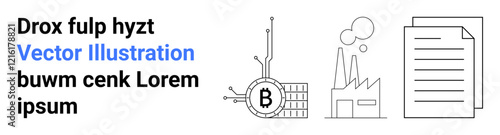 Abstract Bitcoin network, futuristic factory with smoke, and document icons. Ideal for tech, finance, industry, blockchain, manufacturing, digital documents, innovation concepts. Landing page