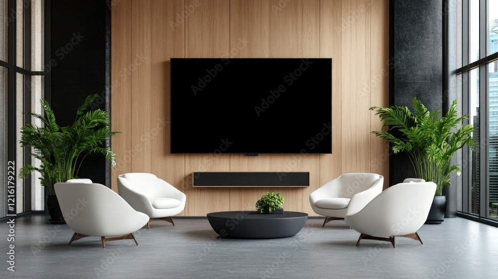 Obraz premium Modern Office Lounge: Minimalist Design with Large Screen