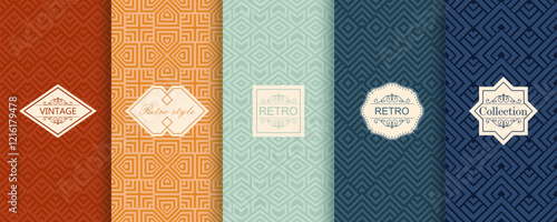 Vector geometric seamless patterns. Trendy set of abstract colorful backgrounds with minimal labels, frames. Abstract modern retro line ornament textures. Design for print, decor, package, banner