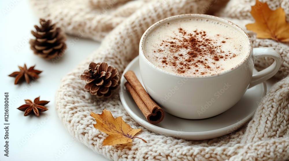 Autumn concept A top-view photo of a cup of hot drink with a cinnamon stick on a saucer, fallen maple leaves, anise stars, pine cones, and a beige scarf on an isolated white background with copyspace Autumn concept A top-view photo of a cup of hot drink with a cinnamon stick on a saucer, fallen maple leaves, anise stars, pine cones, and a beige scarf on an isolated white background with copyspace