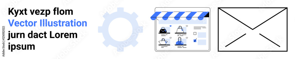 Text with placeholder, gear icon, web store interface, and envelope outline. Ideal for e-commerce, marketing strategies, email campaigns, technology services, digital communication online shopping Text with placeholder, gear icon, web store interface, and envelope outline. Ideal for e-commerce, marketing strategies, email campaigns, technology services, digital communication online shopping