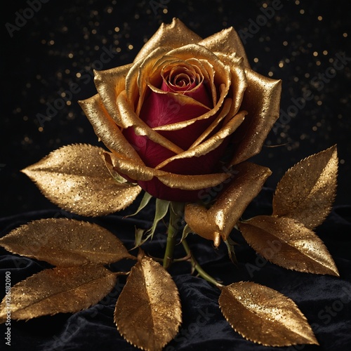 A perfect rose dipped in shimmering gold on a black velvet backdrop.