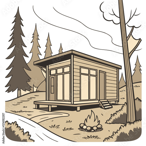 A tiny house on wheels nestled in a natural setting with tall trees, a nearby river, and a campfire outside. The house has a modern design with wooden panels and large windows on a white background