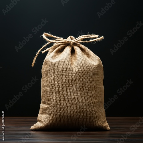 A burlap sack tied at the top, resting on a wooden surface, against a dark background, exuding a rustic and natural aesthetic. photo