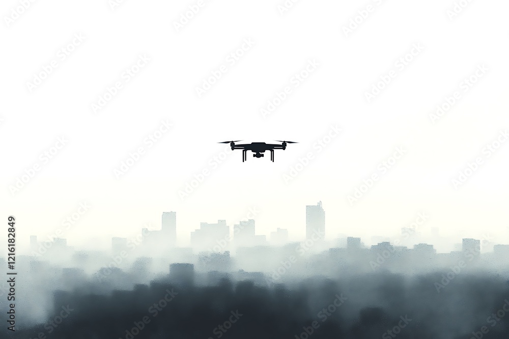 Drone Silhouette Soaring Above Fog-Shrouded Cityscape Drone Silhouette Soaring Above Fog-Shrouded Cityscape