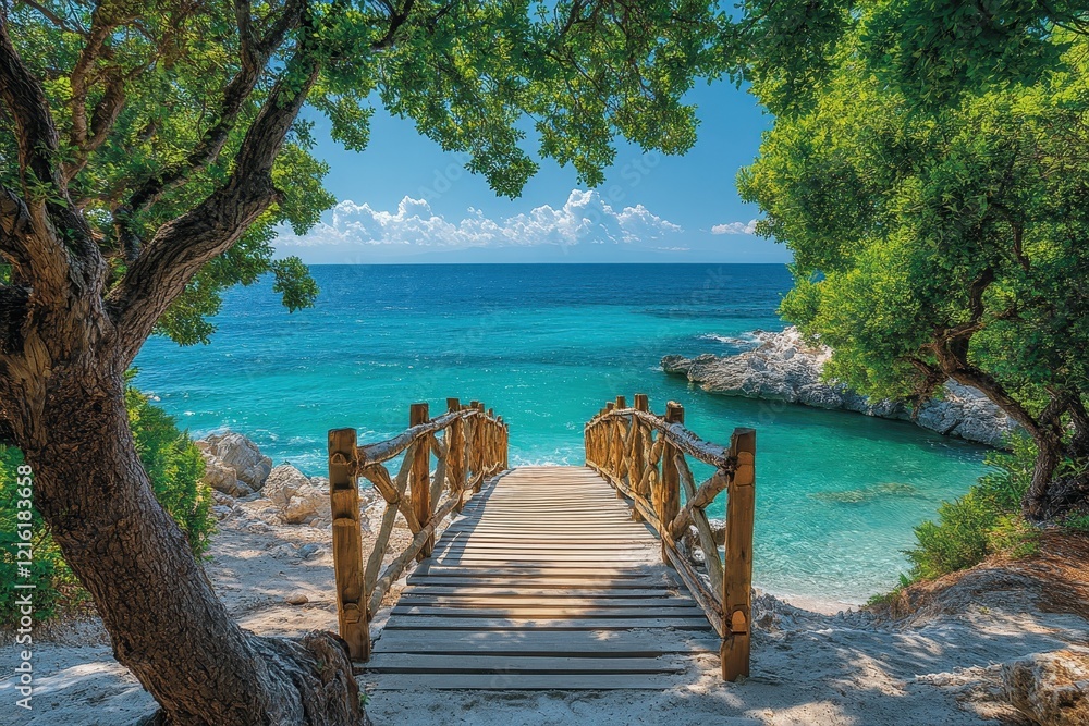 Wooden Bridge Leading to the Sea with Clear Blue Waters Wooden Bridge Leading to the Sea with Clear Blue Waters
