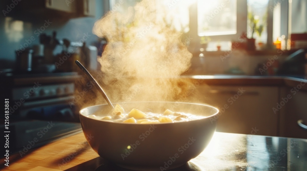 Steaming soup kitchen sunrise warmth comfort food Steaming soup kitchen sunrise warmth comfort food