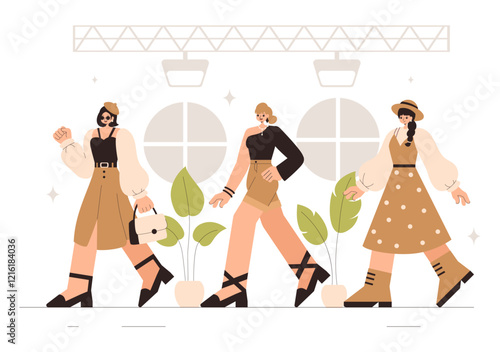 Fashion Runway Vector Illustration featuring Female Models Showcasing Trendy New Outfits on a Catwalk Ramp During a Fashion Show in a Background
