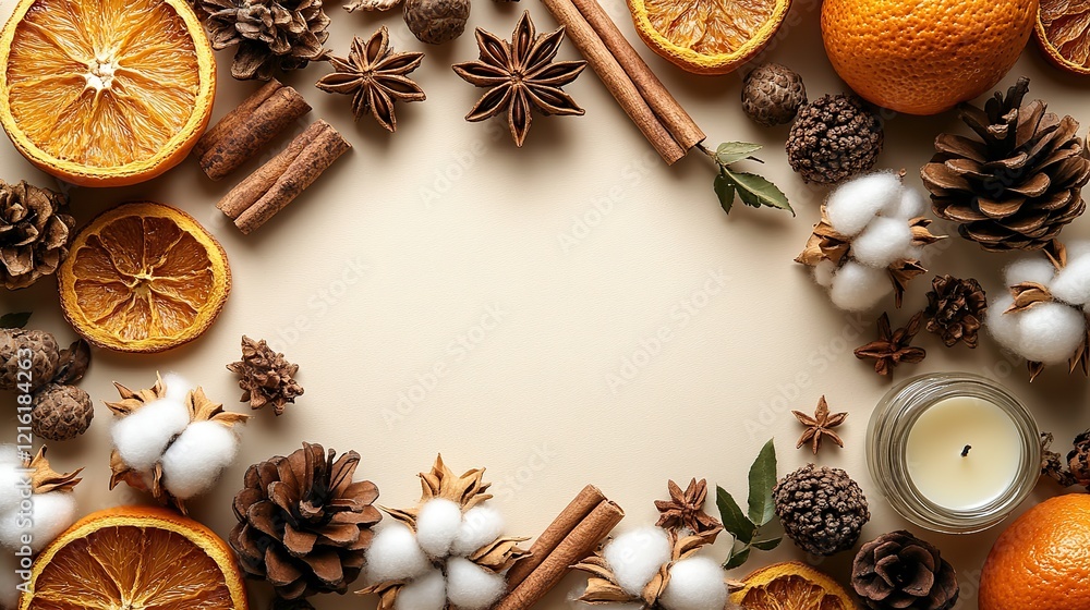 Autumnal attributes concept, cinnamon sticks, Chinese anise, dried oranges, pinecones, cotton, acorns, leaves and candles forming an empty circle for text on a beige isolated background. Autumnal attributes concept, cinnamon sticks, Chinese anise, dried oranges, pinecones, cotton, acorns, leaves and candles forming an empty circle for text on a beige isolated background.