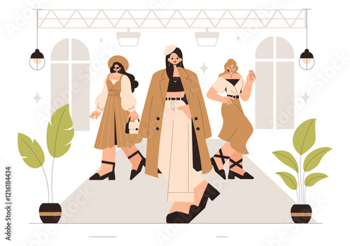 Fashion Runway Vector Illustration featuring Female Models Showcasing Trendy New Outfits on a Catwalk Ramp During a Fashion Show in a Background