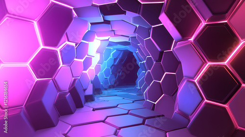 Fototapeta Naklejka Na Ścianę i Meble -  3D tunnel of hexagonal shapes with alternating light and dark sections 