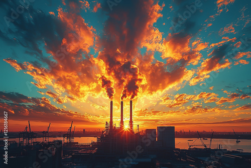 Industrial smokestacks releasing smoke at sunset under a dramatic sky.  
 photo