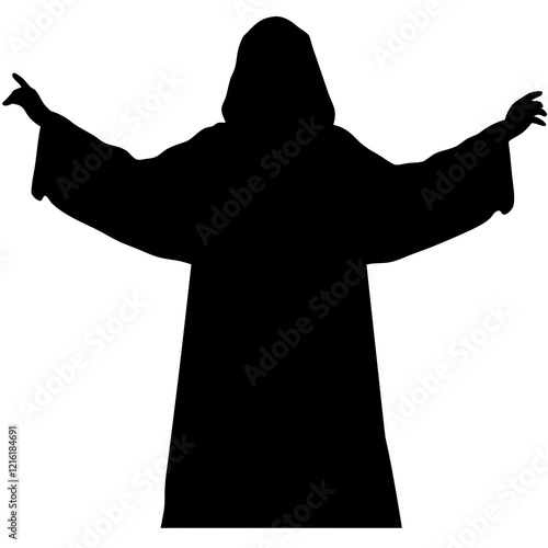 A silhouette of a man dressed in a robe with his hands outstretched. He is wearing a cross necklace