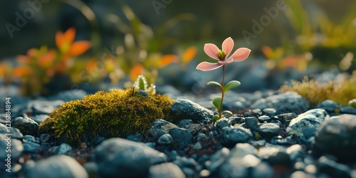 Solitary flower blooming amidst rocks, moss, and wildflowers