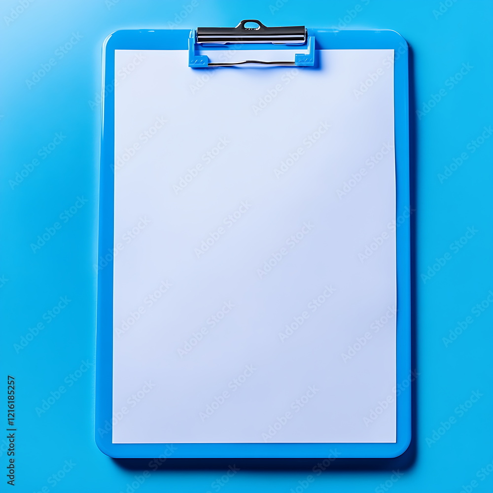 A blue clipboard with a white sheet of paper A blue clipboard with a white sheet of paper