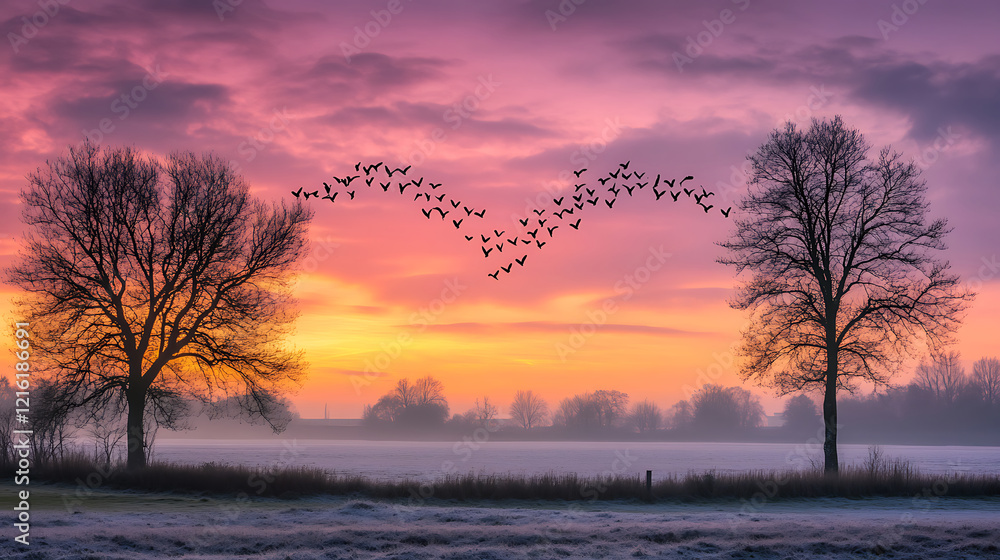 Birds in Flight at Sunrise over Frosty Field Birds in Flight at Sunrise over Frosty Field