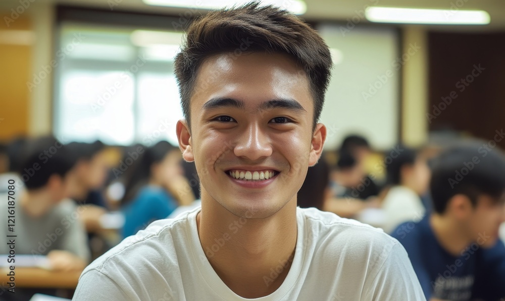 Cheerful young Asian male student smiling at the camera with a classroom full of fellow students studying in the background, embodying academic success and happiness, Generative AI Cheerful young Asian male student smiling at the camera with a classroom full of fellow students studying in the background, embodying academic success and happiness, Generative AI