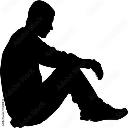 A man is sitting on the ground. He is wearing a black shirt and black pants. He is looking down