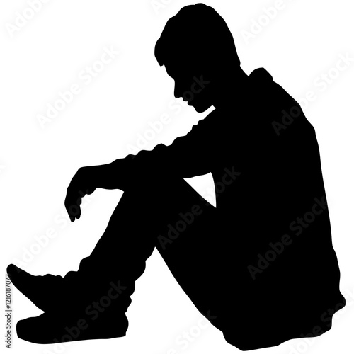 A man is sitting on the ground. He is wearing a black shirt and black pants. He is looking down