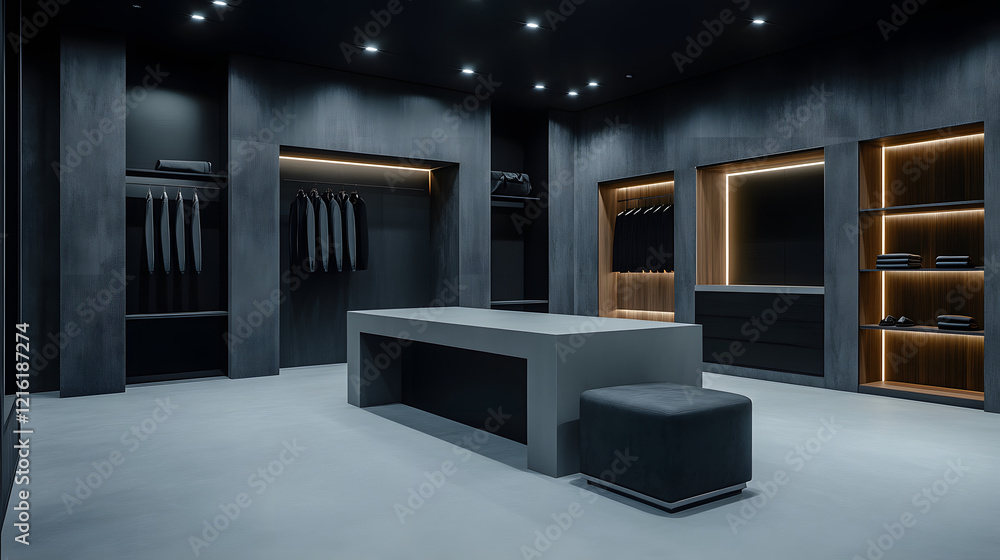 A modern, minimalistic dressing room featuring sleek black walls, stylish lighting, and organized storage for clothing and accessories A modern, minimalistic dressing room featuring sleek black walls, stylish lighting, and organized storage for clothing and accessories