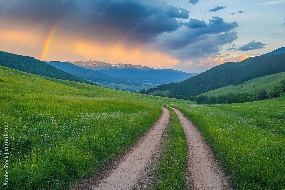 Rainbow, mountain road, sunset, valley, meadow Rainbow, mountain road, sunset, valley, meadow