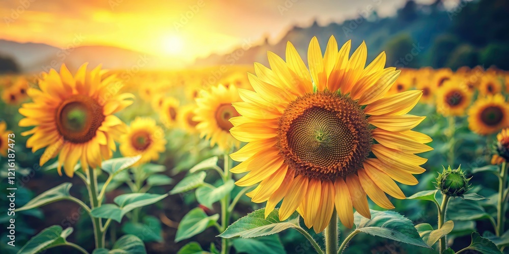 Obraz premium Vintage yellow sunflower field; summer's vibrant blooms paint a lush green meadow.