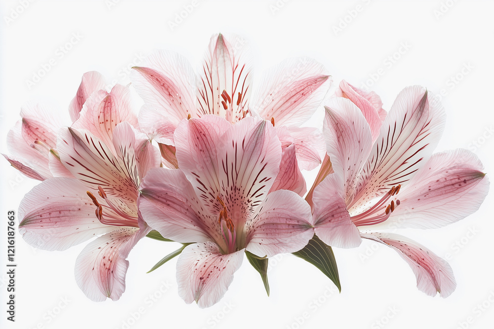 Delicate pink lilies in full bloom with intricate petal details on a white background.
Delicate pink lilies in full bloom with intricate petal details on a white background.