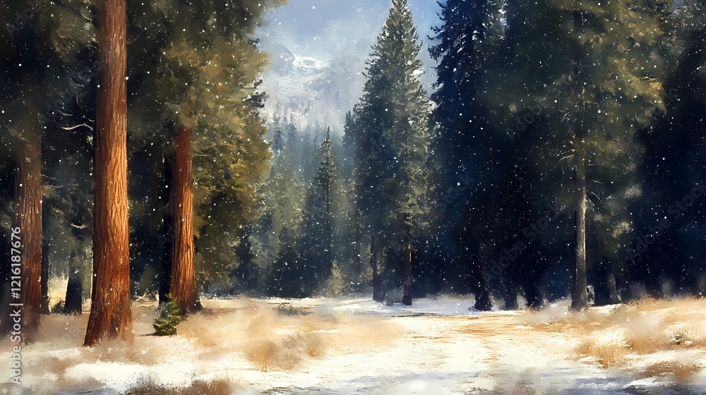Fototapeta premium Snow-covered evergreen forest illustration depicting peaceful coniferous trees in a serene landscape, drawn in a traditional book illustration style