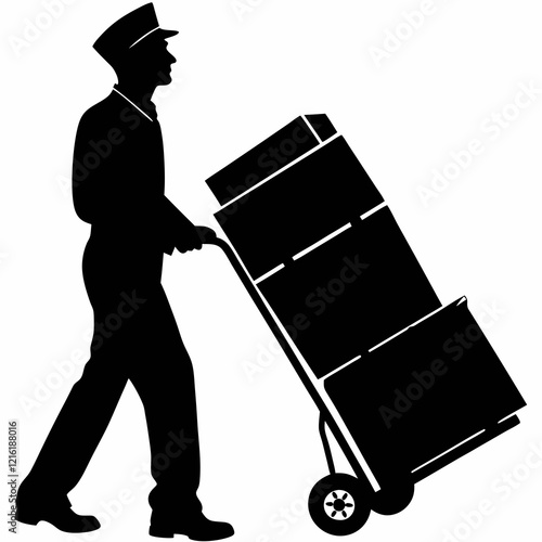 
A man is pushing a cart with boxes on it. The boxes are stacked on top of each other
