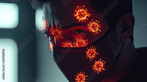 Conceptual image of a masked man with bright red virus icons glowing around his face. photo